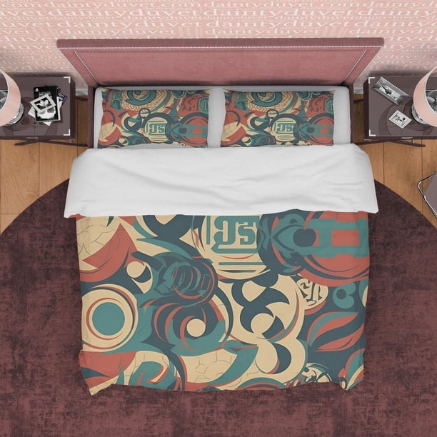Juego de Cama Retro Abstracto, Funda Nórdica 70S Nostalgia, Funda Nórdica Verde,