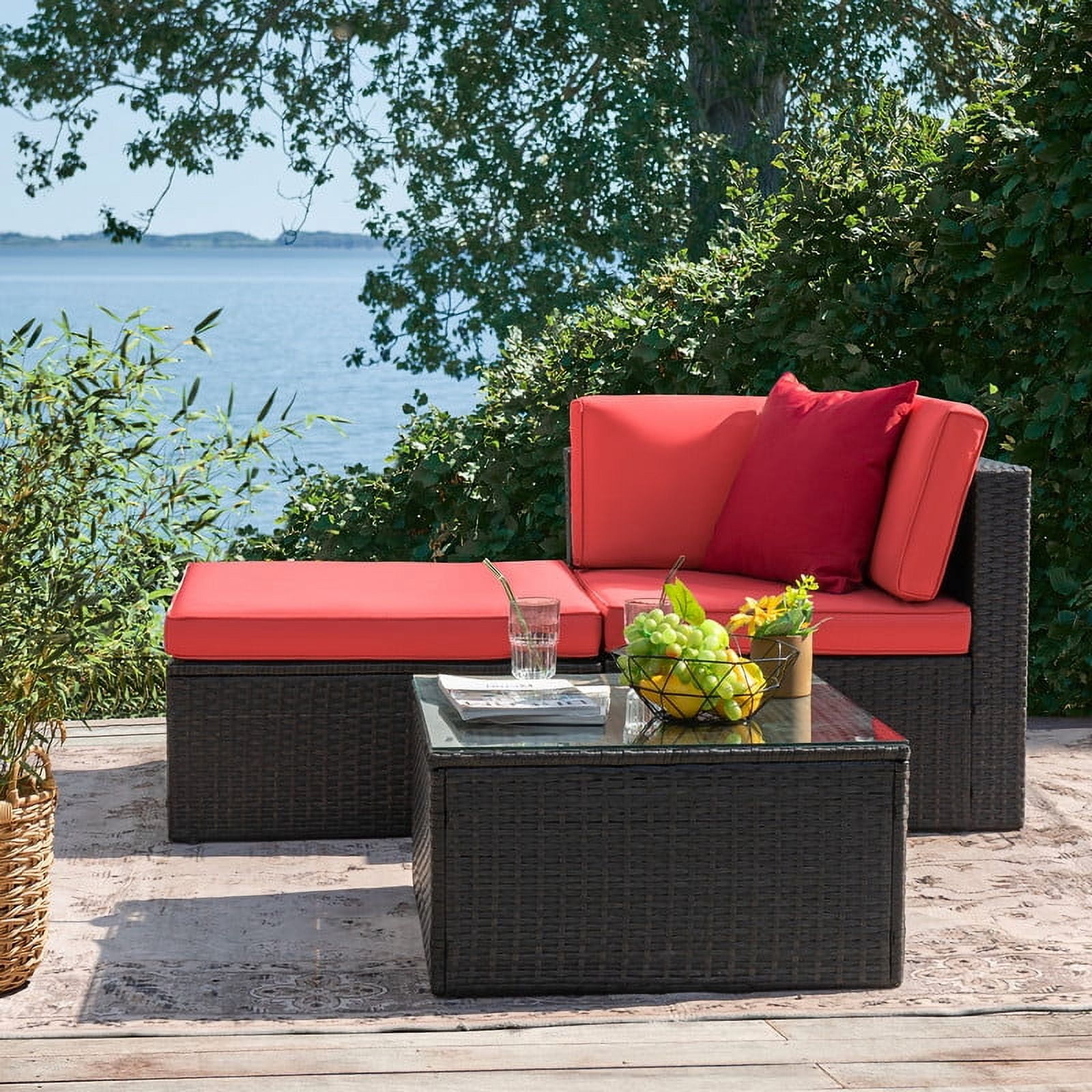 Devoko Outdoor Sectional Sofa PE Rattan Patio Furniture Sets with Cushions and Table,Red