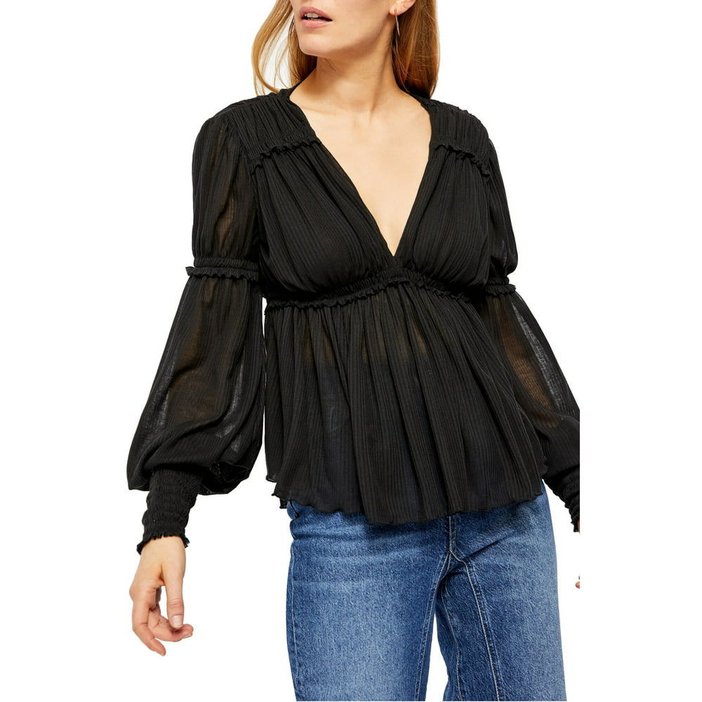 Free People - FREE PEOPLE Womens Black Ruffled Solid Long Sleeve V Neck