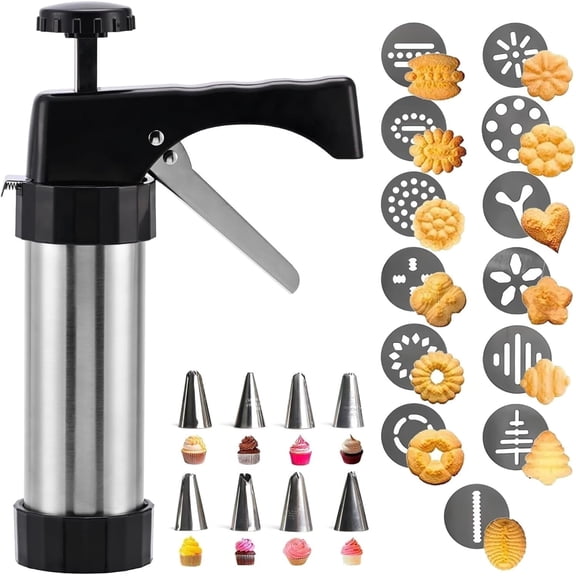 Cookie Press Gun Kit, Spritz Cookie Press with 13 Discs, 8 Piping Tips, Stainless Steel Cookies Maker for Baking, DIY Christmas Cookies and Decorating