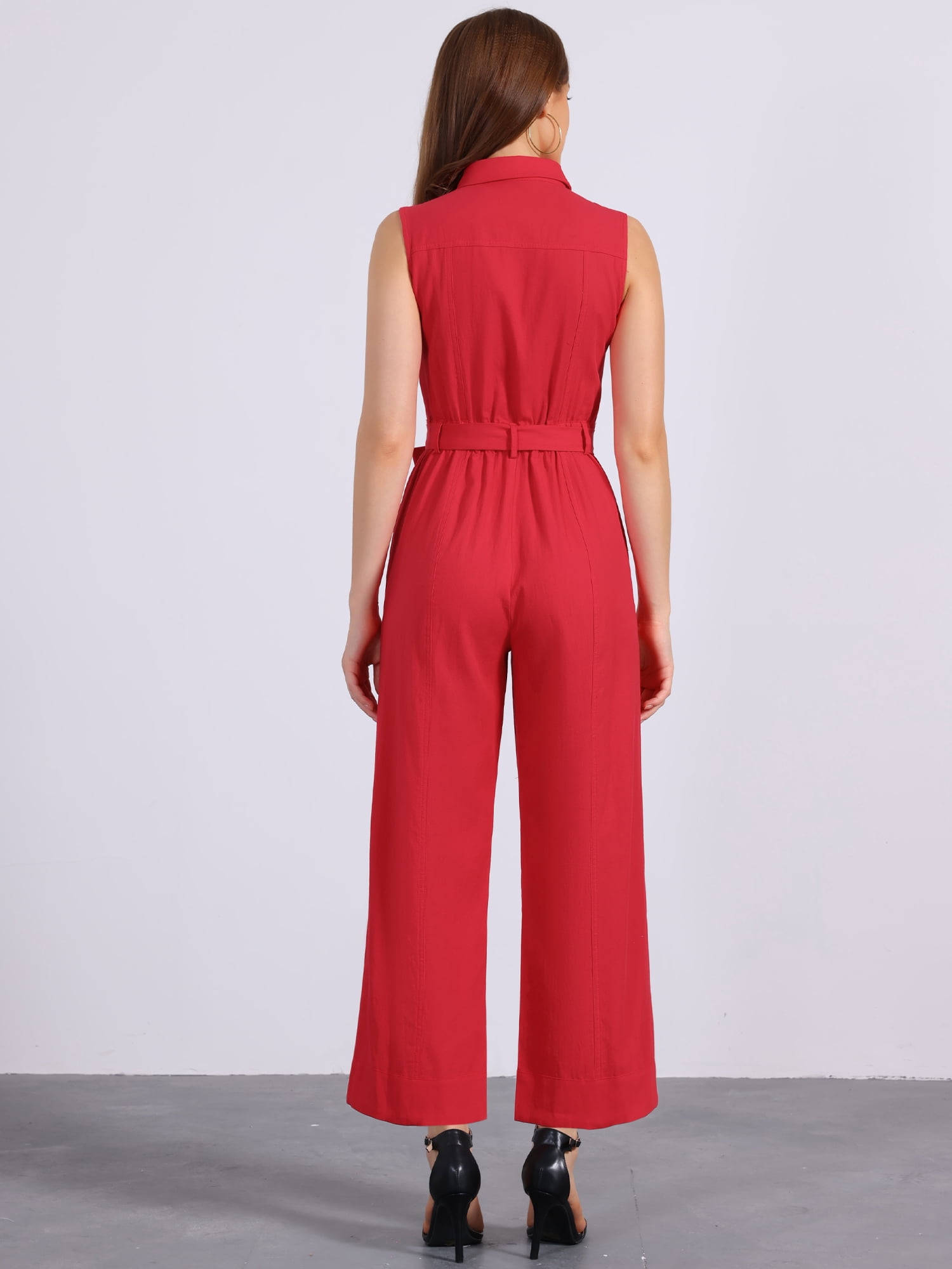 DARING DIVA Women's Wide Leg Jumpsuit Sleeveless Collared Tie Waist Coverall L Red