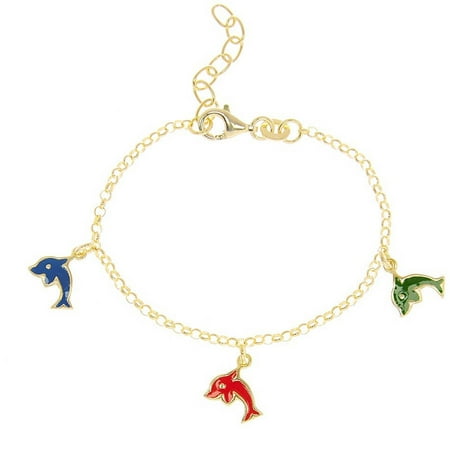 Pori Jewelers 18kt Gold-Plated Sterling Silver Enamel Dolphin Charm Bracelet, 6