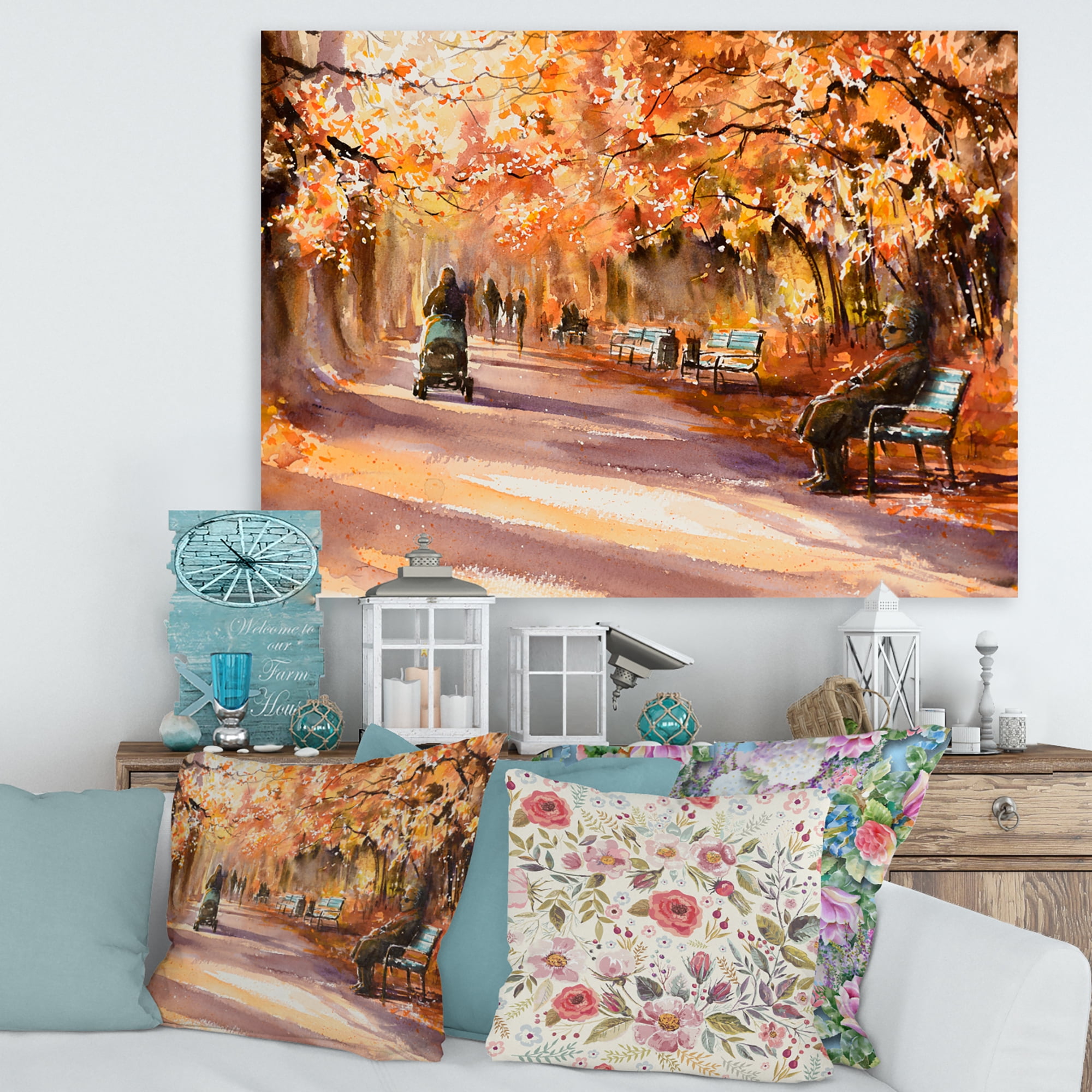 Designart ' Path In The Park In Sunny Autumn Day ' Country Canvas Wall Art Print