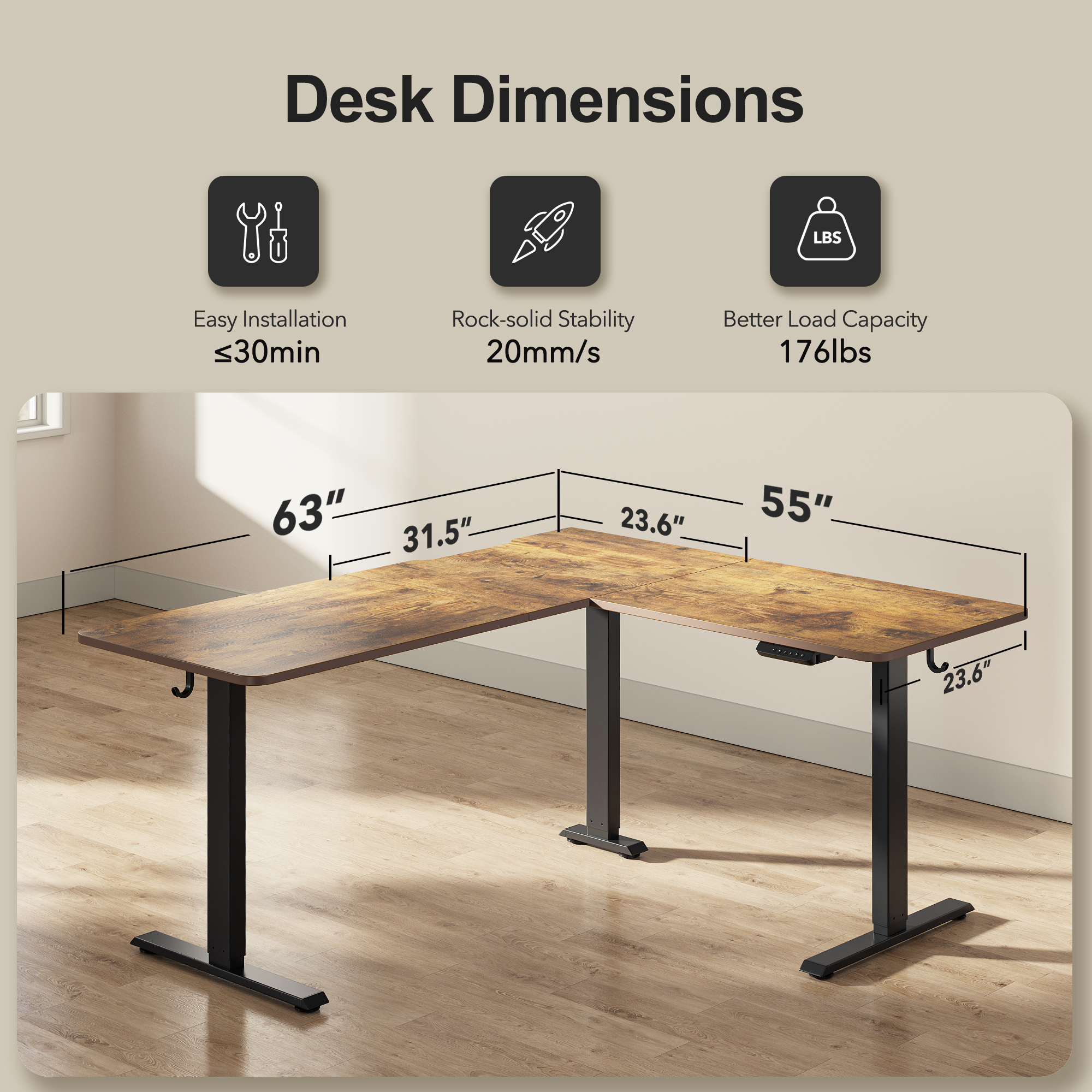 DESINO L-Shaped Standing Desk Adjustable Height, 63 Inch Electric Stand up Corner Computer Desk, Sit Stand Home Office Desk with Splice Board, Rustic Brown