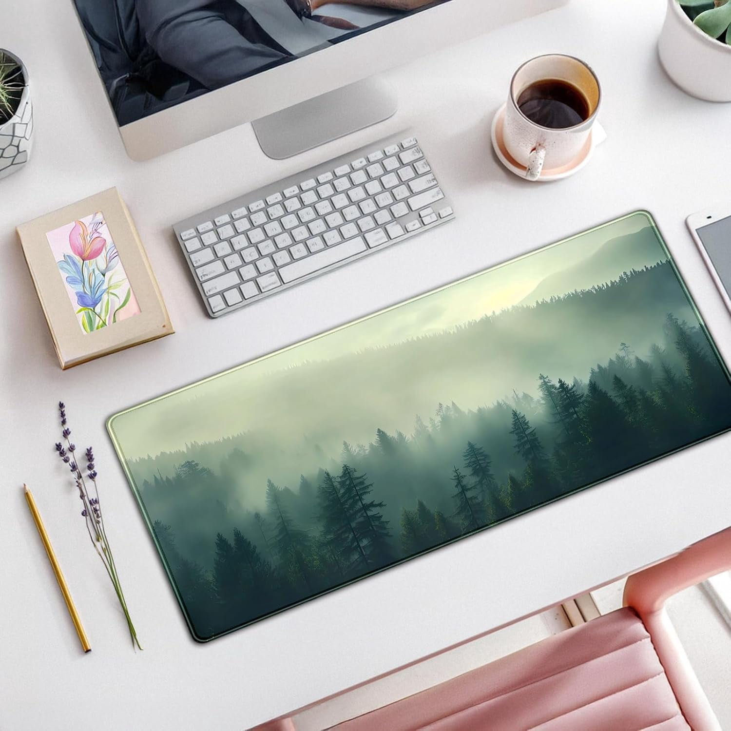 Forest Desk mat Green 31.5''X11.8'' Nature Mouse Pad XL Landscape Large Gaming Mousepad Aesthetic Desk Pad Extended Big Keyboard Mouse Mat Office Decor
