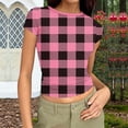 thumbnail image 2 of Women’s Plaid T-Shirt, Summer Round Neck Short Sleeve Tops, Fashion Slim Groove Strip Tees,Pink,XL, 2 of 6