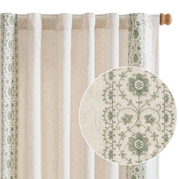 jinchan Boho Lined Linen Curtains for Bedroom Sage Green Vintage Floral Spring Farmhouse Curtains 96 Inches Long Linen Blend Drapes for Living Room Embroidered Drapes Sage on