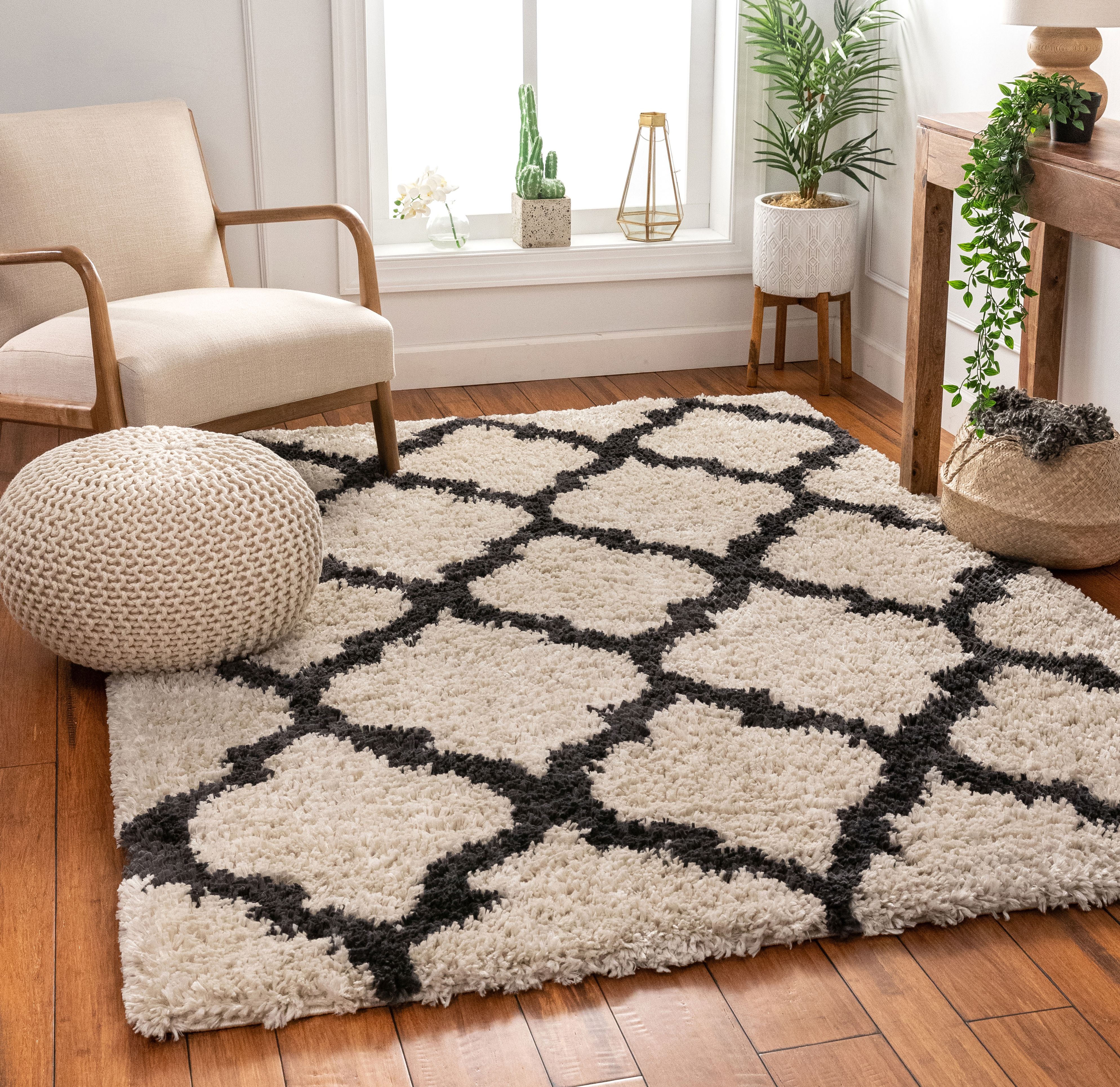 Well Woven Napoli Shag Beige Super Soft Moroccan Trellis Area Rug 5x7