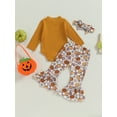 thumbnail image 4 of Diconna Infant Girl Halloween Clothes Ribbed Long Sleeve Romper Pumpkin Print Flare Pants Headband Set Fall Outfit, 4 of 8
