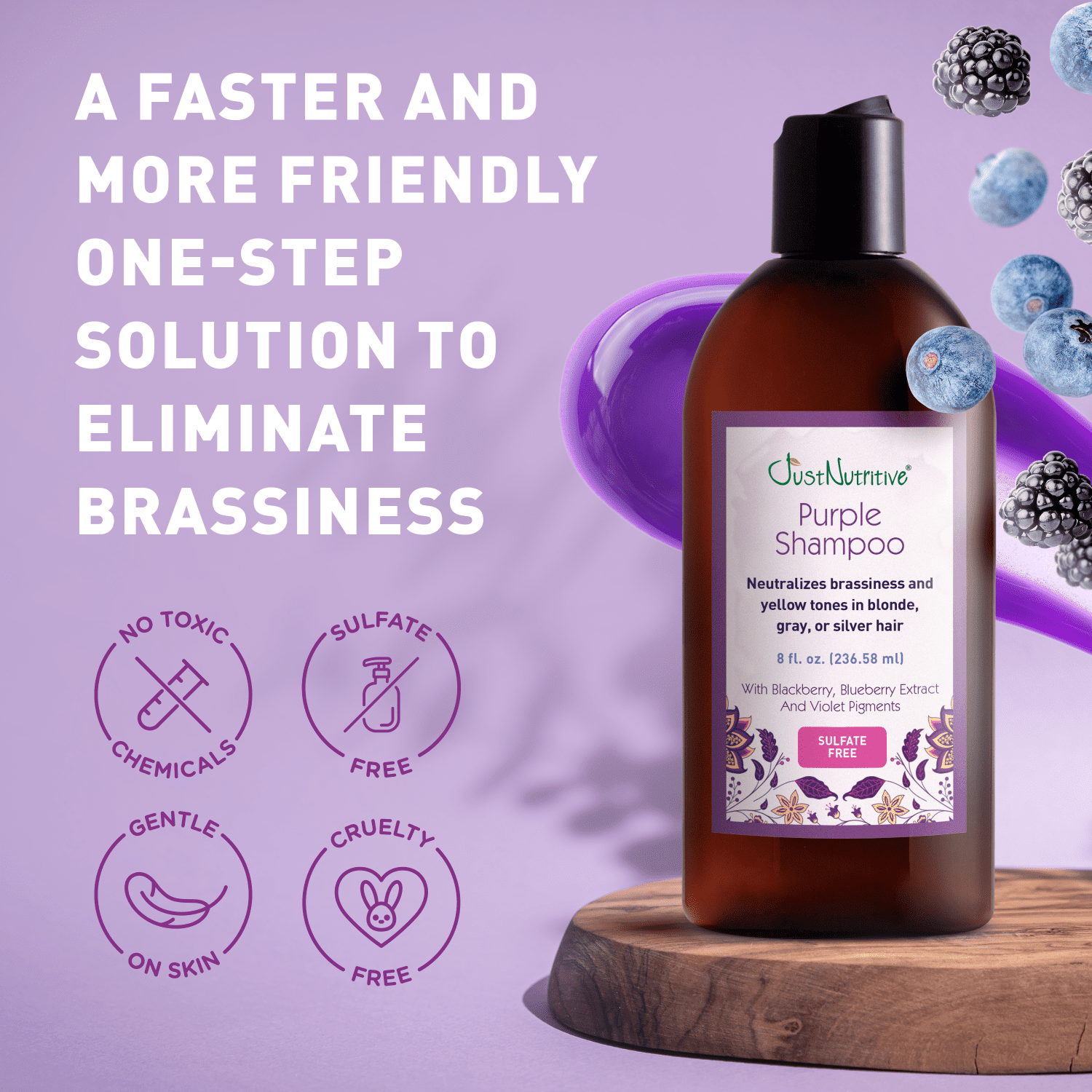 Just Nutritive Purple Hair Shampoo, Gray, White, Silver, Bleached Hair - Neutralizes Brassiness, Sulfate-Free, 8 oz