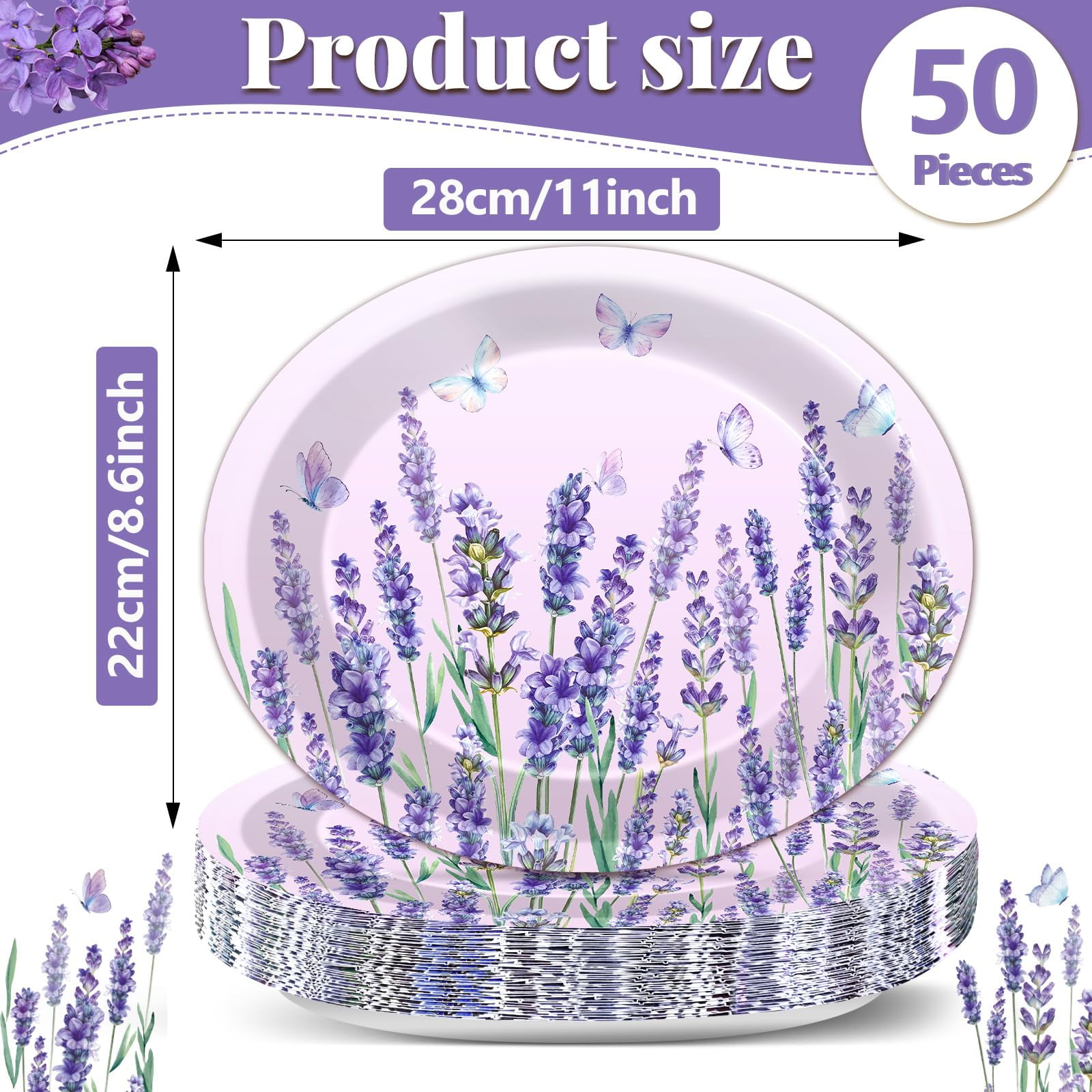 50Pcs Lavender Oval Paper Plates 11 AFN1Inch Summer Party Supplies Floral Butterfly Dessert Cake Disposable Dinnerware Plates Serving Tray for Picnic Wedding Birthday Party Supplies Decorations