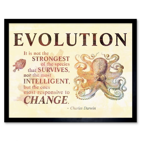 Evolution Charles Darwin Responsive to Change Quote Not the Strongest that Survives Typography Art Print Framed Poster Wall Decor 12x16 inch