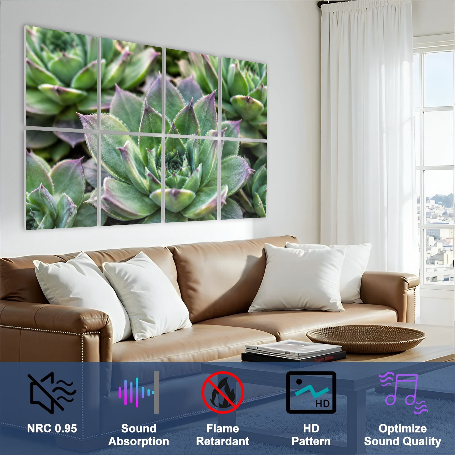 8 Pack Art Acoustic Panels Sound Absorbing Succulent plants set Decorative Soundproof Wall Panels Self Adhesive for Nursery Game Room Bedroom 48"x32"