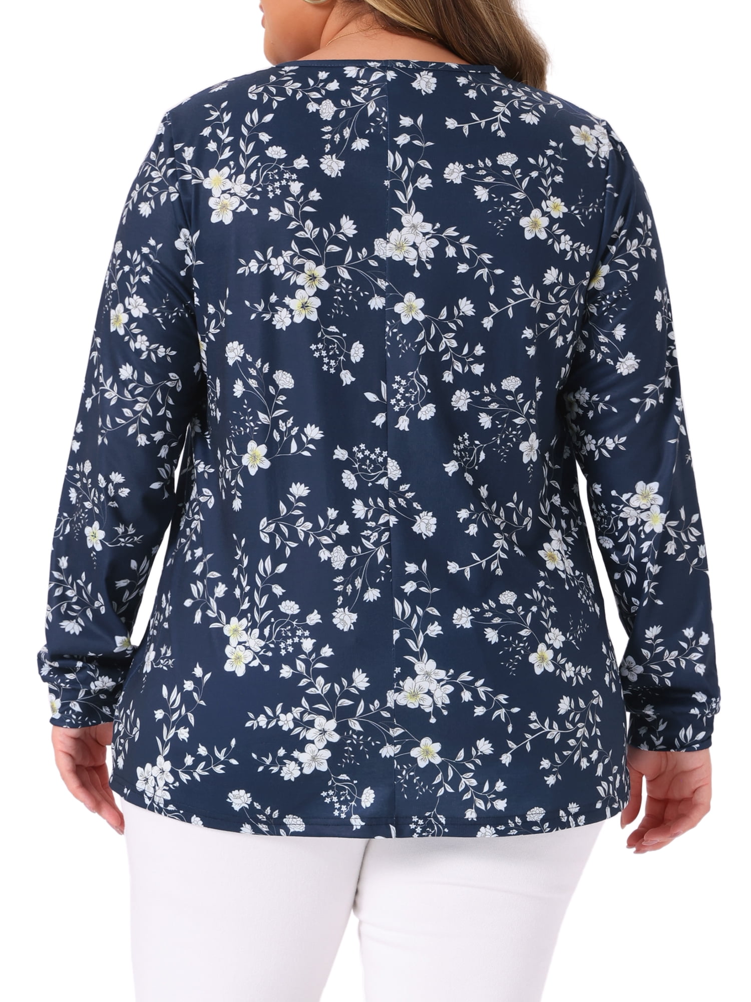 DARING DIVA  Women's Plus Floral Square Neck Blouse 4X Navy Blue