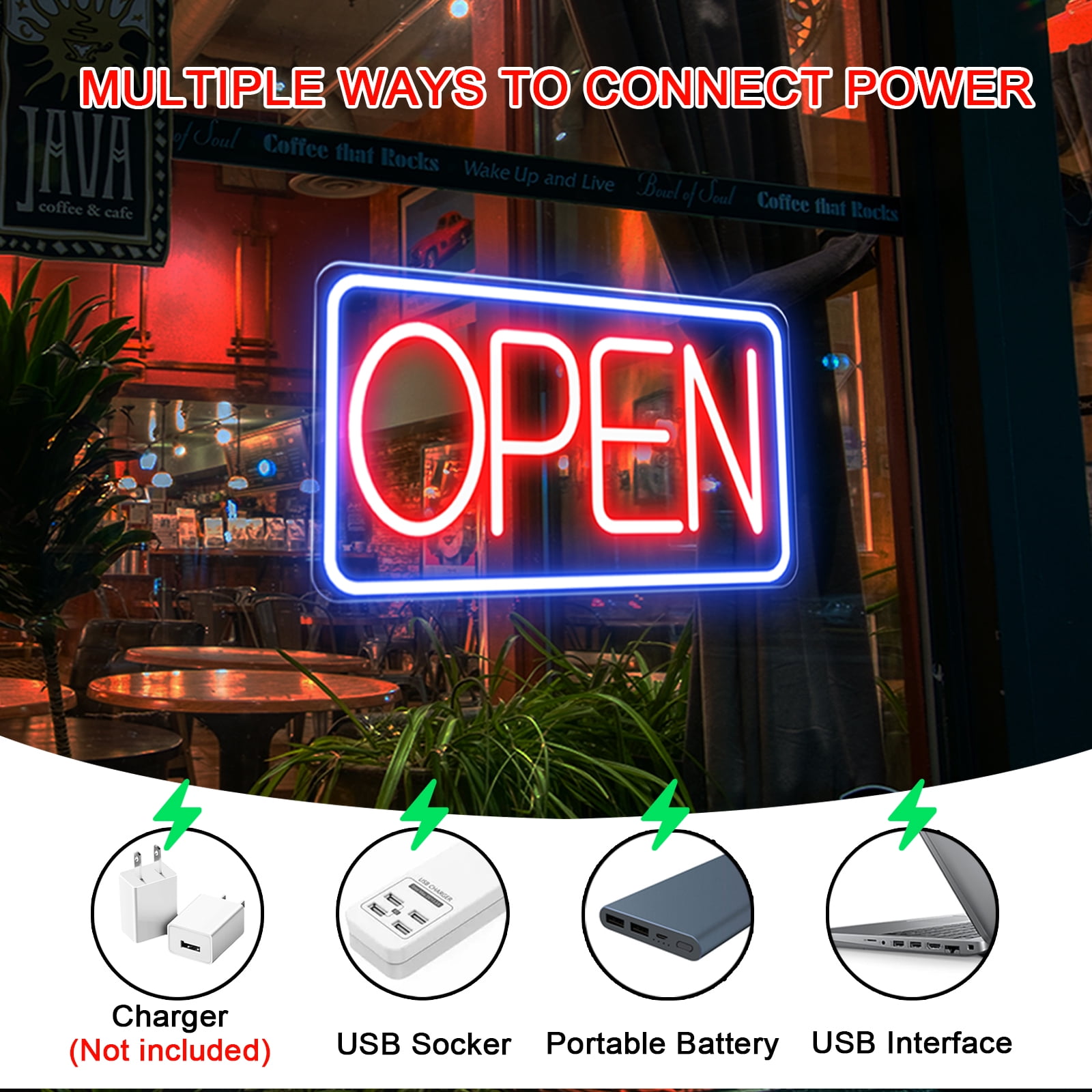 KENFARI Led Neon Open Signs for Business, 16.5''x 9'' Powered by 5V USB with Adjustable Bright Switch