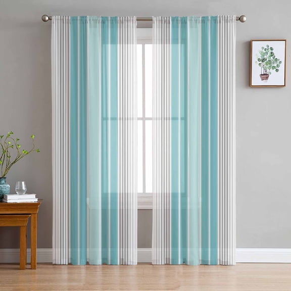 ERUNPONLY Turquoise Aqua Stripes Sheer Curtains 96 Inch Length 2 Panels Set, Modern Minimalist Abstract Lines Voile Window Treatment Sheer Long Curtains for Bedroom/Living Room/Kitchen 52"x96"x2