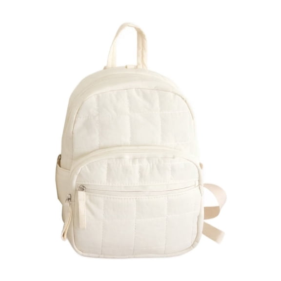 Quilted Mini Backpack for Girls Boys, Lightweight White School Bag for Kids Teens, Water Resistant Nylon Daypack for Travel Casual Use