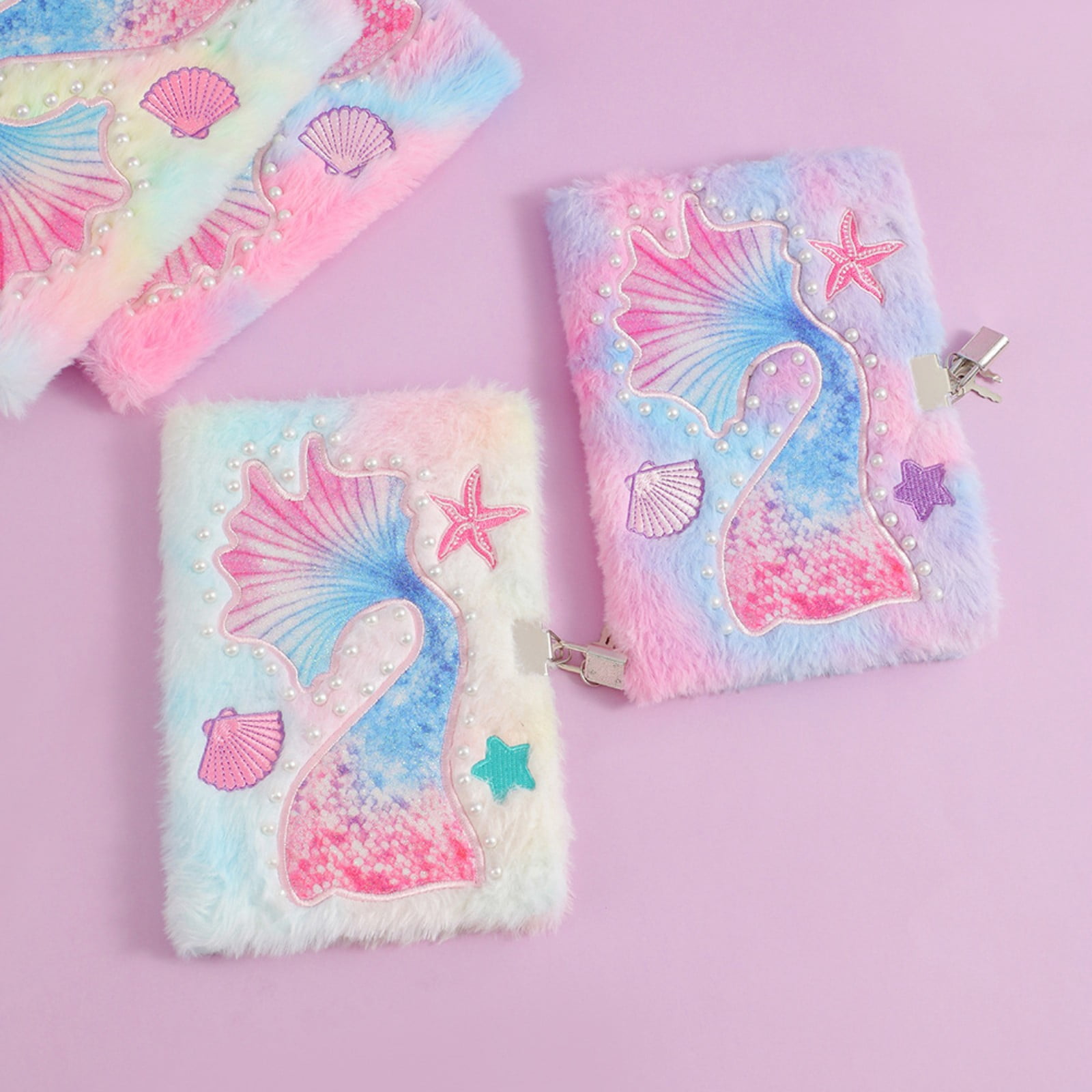 VKLU Aesthetic Plush Journal with Lock and Key, Mermaid Tail Embroidery Fuzzy Notebook, Tie Dye Furry Secret Diary for Personal Thoughts and Travel, A5 Size, Rainbow Tie Dye