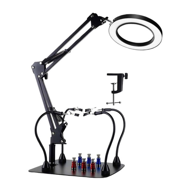 Soporte para placas de circuitos impresos Helping Hands con luz y lupa de 10x para talleres de reparación electrónica, soldadura y manualidades.