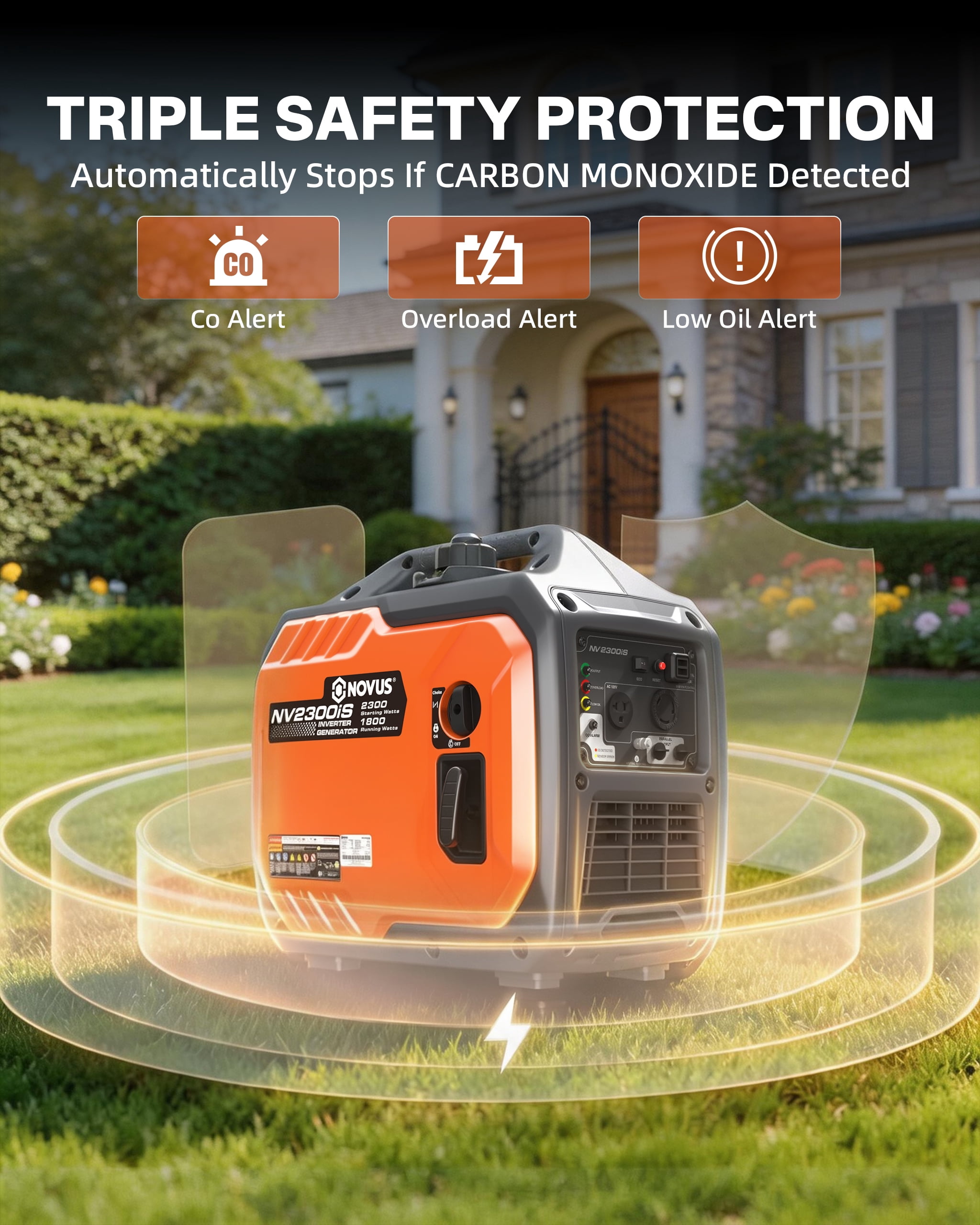 NOVUS 2300-Watt Portable Inverter Generator, Gas Powered, Quiet & Lightweight, RV Ready, CO Sensor, Parallel Capable, for Emergency, Camping