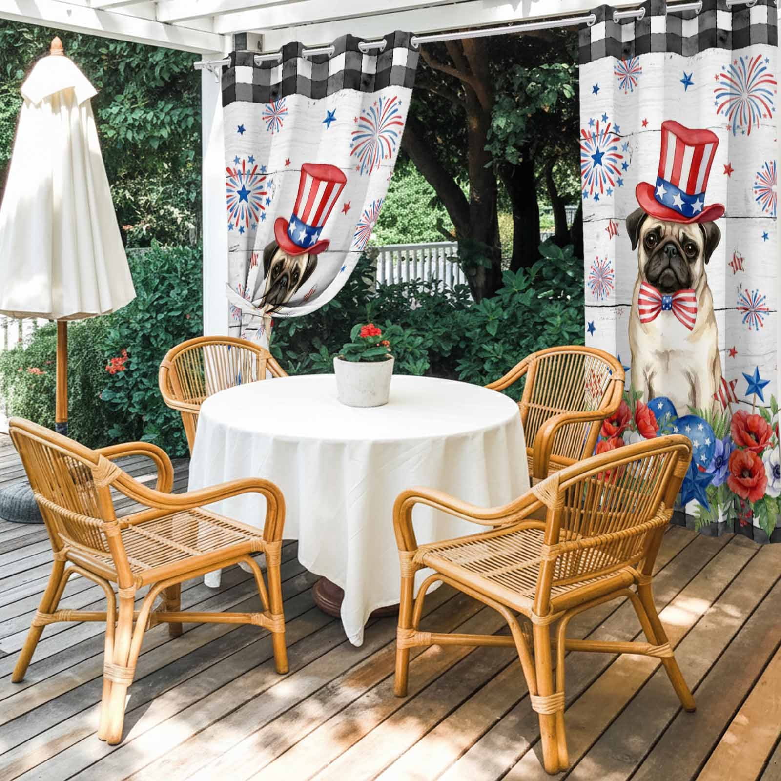 Independence Day Outdoor Curtains for Patio, Cartoon Pug Dog Cute Puppy Colorful Poppy Wood Grain Sunshade Privacy Drapes Grommet Waterproof Outside Curtains for Porch Balcony 54"x108", 2 Panel