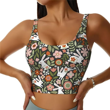 Jgfou Rabbits on Floral Print Womens Sports Bra - Padded Workout Sports Bras Crop Tank Top