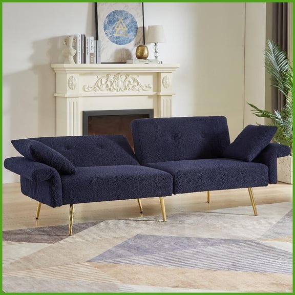 Modern Teddy Upholstered Loveseat Sleeper Sofa with Adjustable Backrest & Golden Legs – Dark Blue for Living Room