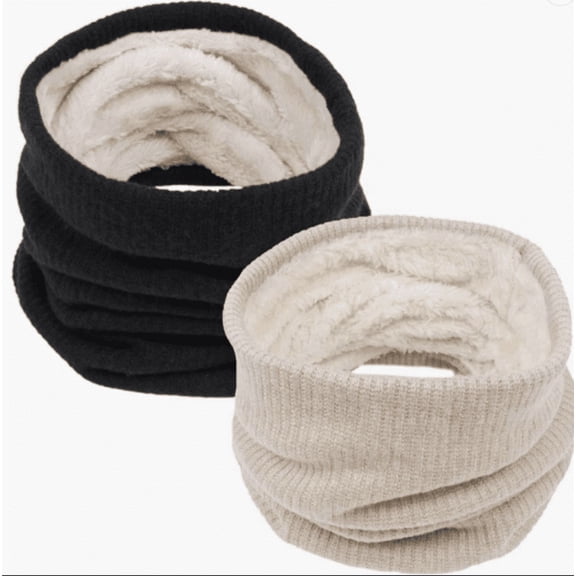 Loritta 2Pcs Women's Winter Knitted Fleece Scarves Set Classic Solid Style Thickened Warm Neck Warmer Black & Khaki