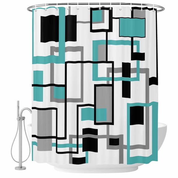Modern Geometric Abstract Fabric Shower Curtain Mid Century Teal Washable Shower Curtains for Bathroom, Waterproof Bath Curtain with Hooks Home Decor 36x72in