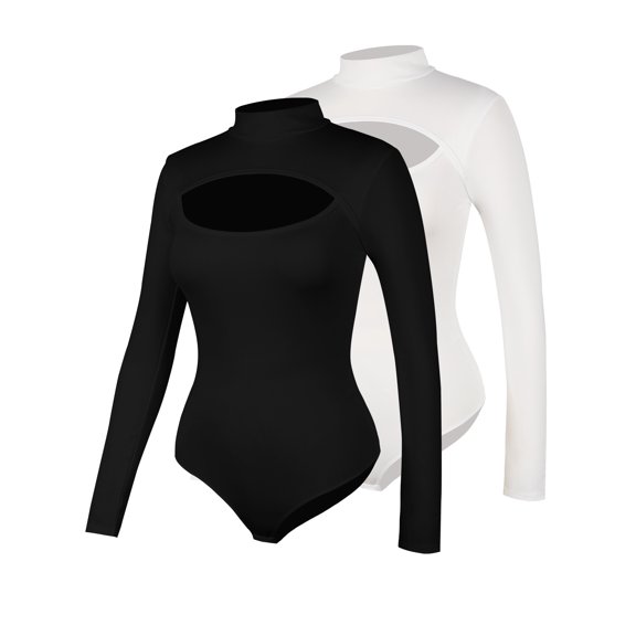 COMFREE Jumpsuit for Women Mock Neck Sexy Cutout Front Tops Long Sleeve Bodysuit Solid Fashion Jumpsuit