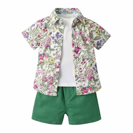 

Geire Boys Summer Vacation Style Clothing Set Stylish Printed Lapel Shirts Comfy Cotton Short-sleeved Top & White Tee & Shorts 3PC Set Size 1-6 Years