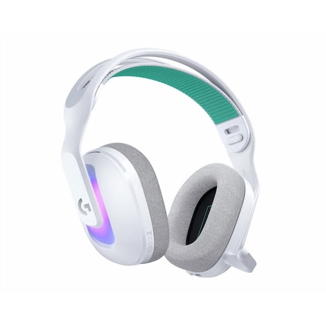 audifonos gamer logitech g522 lightspeed rgb bluetooth microfono extraible Auriculares on-ear blancos, vista 3/4 frontal con diadema suspendida ventilada y acolchado verde interior, copas con almohadillas de espuma viscoelástica gris y carcasa lateral con logo Logitech e iluminación RGB; brazo de micrófono desmontable mostrado colocado. Especificados con drivers PRO-G de 40 mm, micrófono 48 kHz con BLUE VO!CE, conectividad Lightspeed inalámbrica, Bluetooth y USB-C, peso de 290 g; también aptos para streaming y videollamadas.