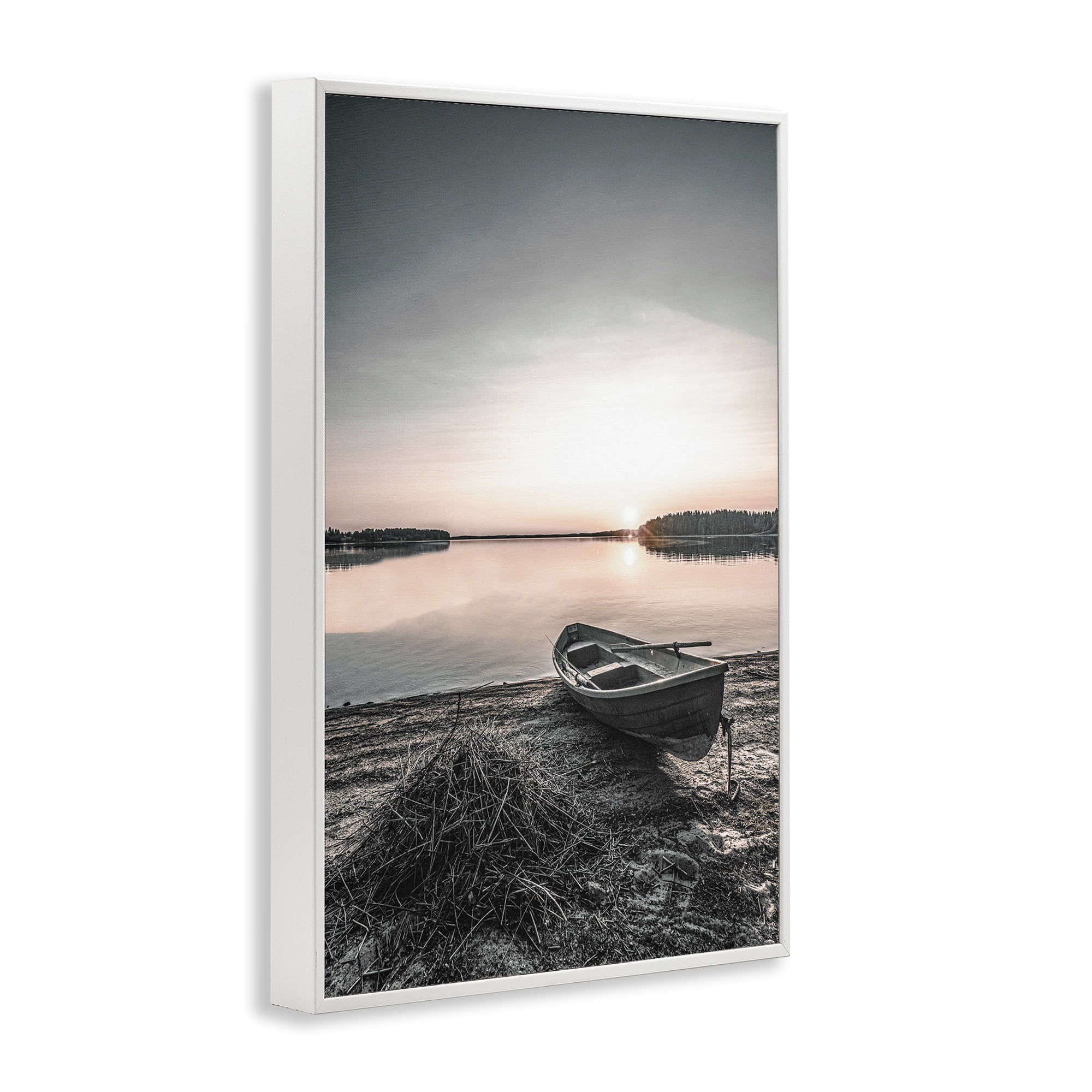 Stupell Industries Deserted Canoe on Shore Landscape Photography White Framed Art Print Wall Art, 12 x 18