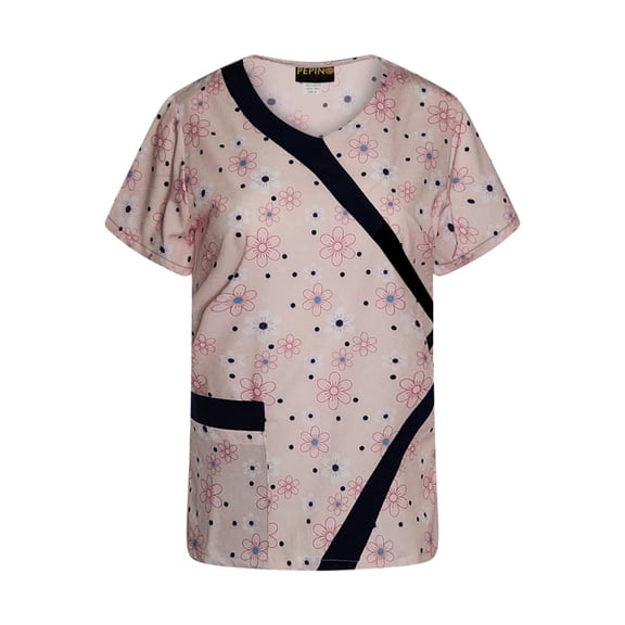 Pepino Uniforms Printed Flowery Pink V-Neck Trim Scrub Top