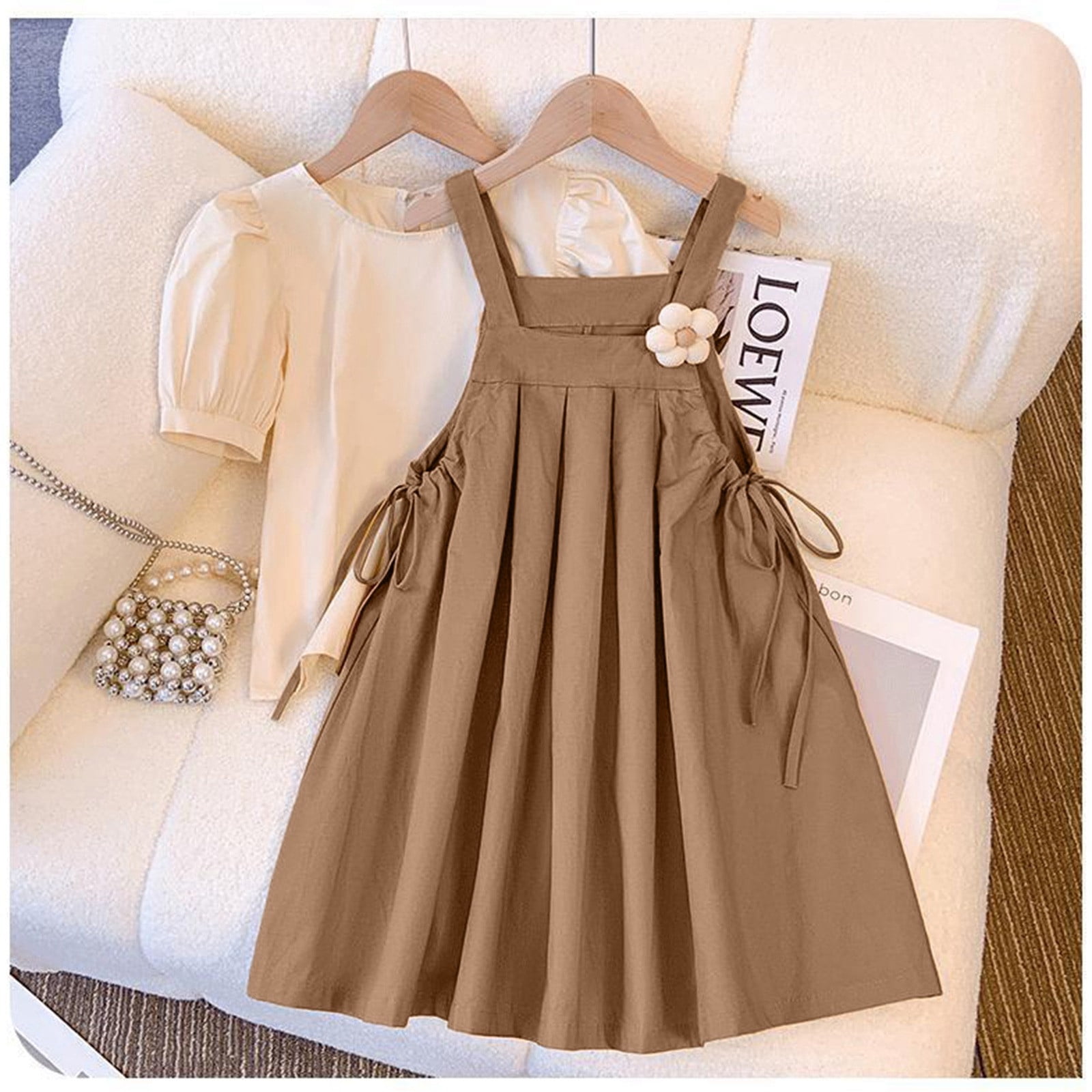 Fall Outfits Girls Kids Dress Outfits Short Sleeve Tops Suspender Skirt Set 2Pcs Baby Fall Clothes Khaki 8 Years-9 Years