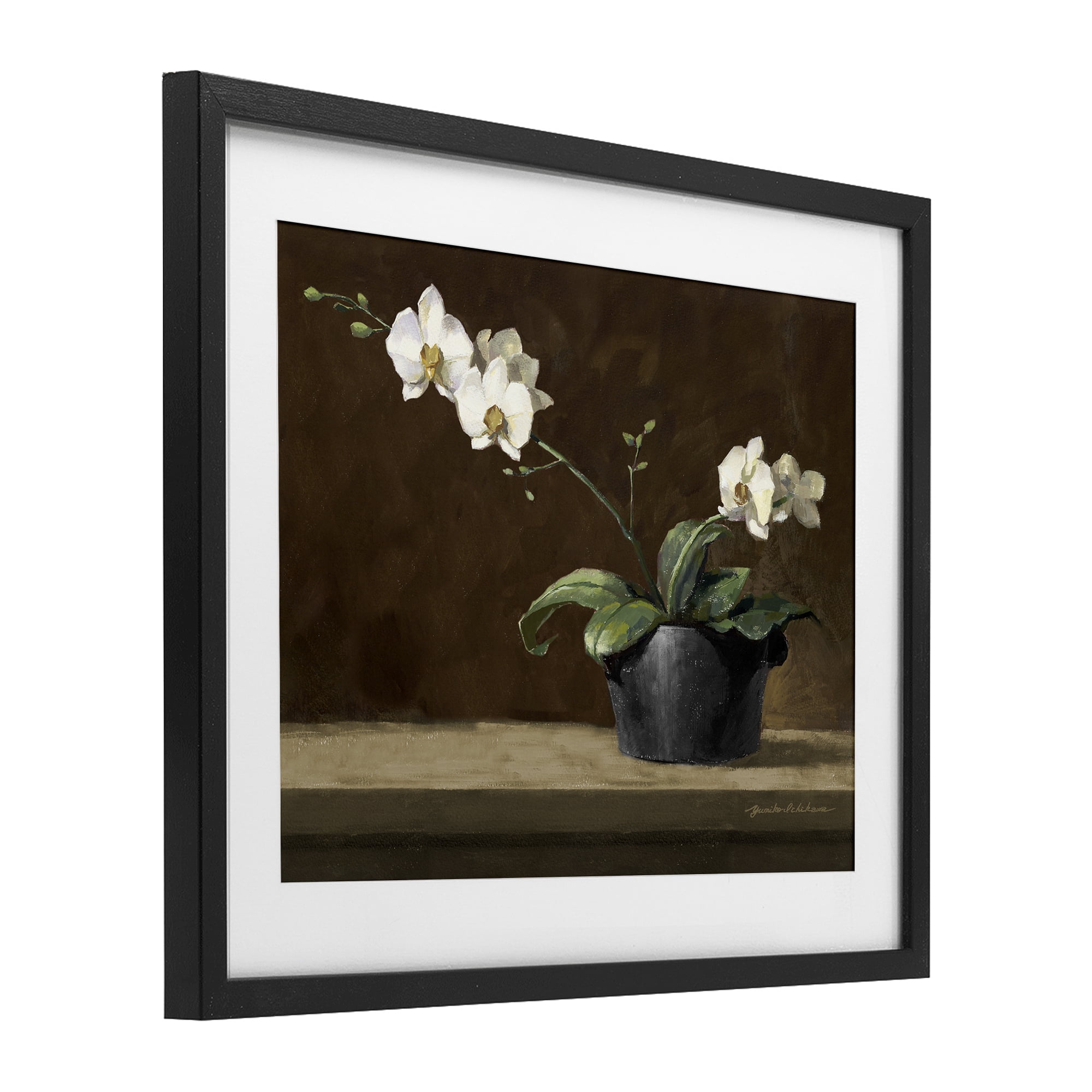 Stupell Industries Potted White Orchid on Ledge Black Framed Print Under Glass, design by Yumiko Ichikawa