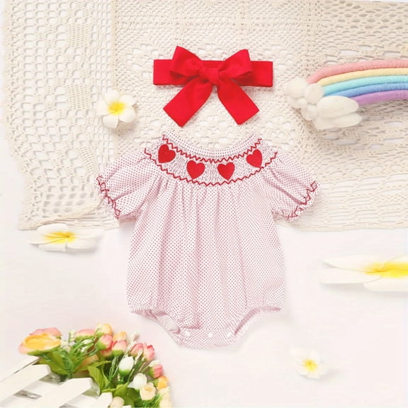 ZEHJUHAN Baby Girl's Short Sleeve Romper, Pink Polka Dot Onesie with Heart Embroidery & Ruffle Trim Pink,0-3M