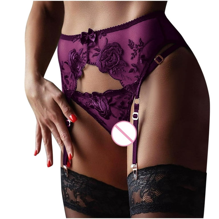 Push up Bra Sexy Lingerie for Women Women's Lace Flower Embroidered Panties  and Garter Stockings Sexy Suit Sports Bras for Women High Support Large Bust  Sexy Lingerie Purple,XL 