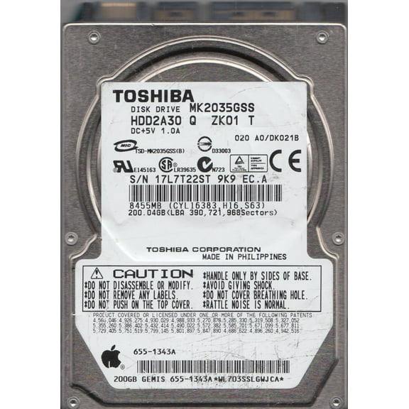 MK2035GSS, A0/DK021B, HDD2A30 Q ZK01 T, Toshiba 200GB SATA 2.5 Hard Drive