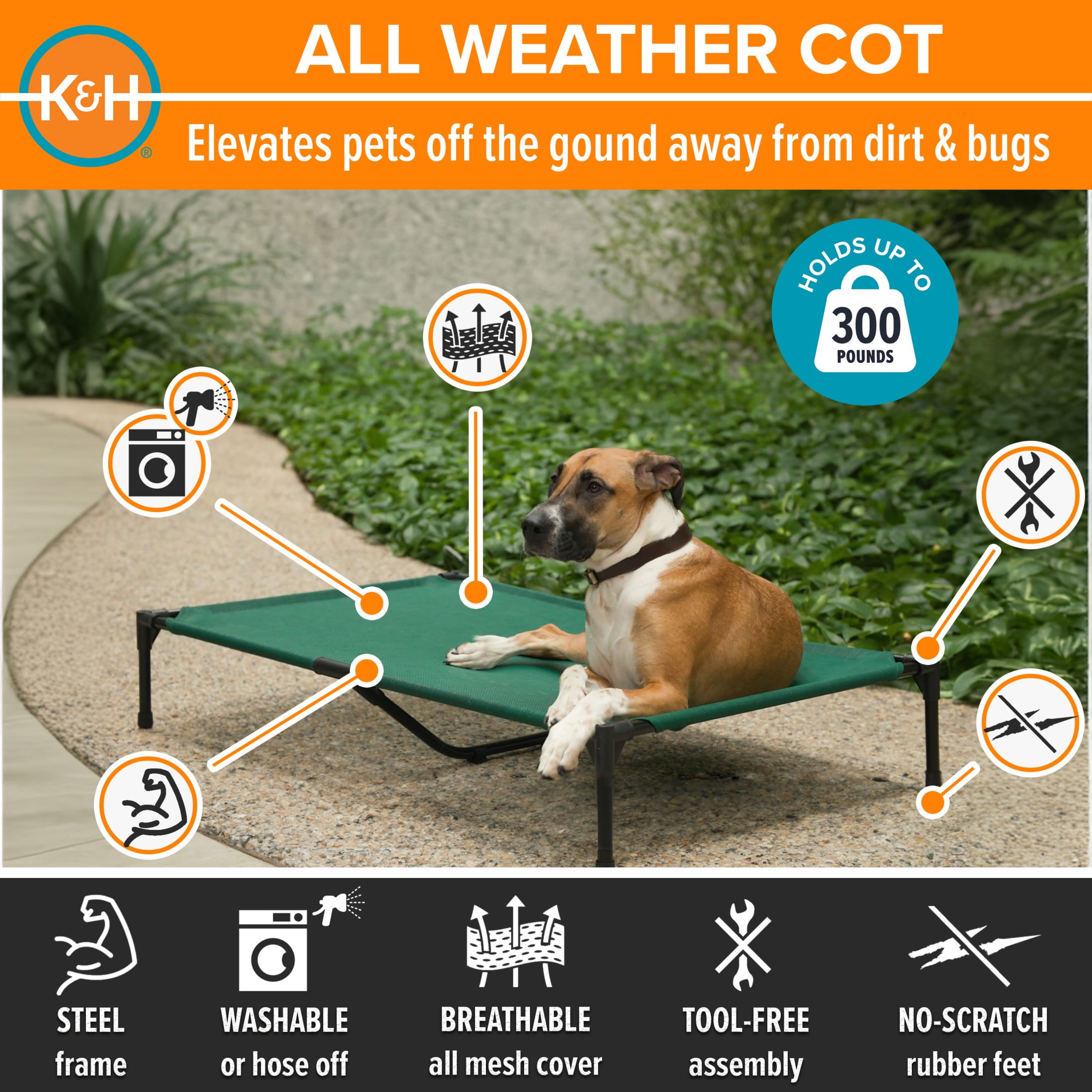 K&H Pet Products All Weather Pet Cot Green X-Large 50 X 32 X 9 Inches
