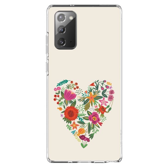 DistinctInk Clear Shockproof Hybrid Case for Samsung Galaxy Note 20 (6.7" Screen) - TPU Bumper, Acrylic Back, Tempered Glass Screen Protector - Spring Collection - Floral Heart Green Red