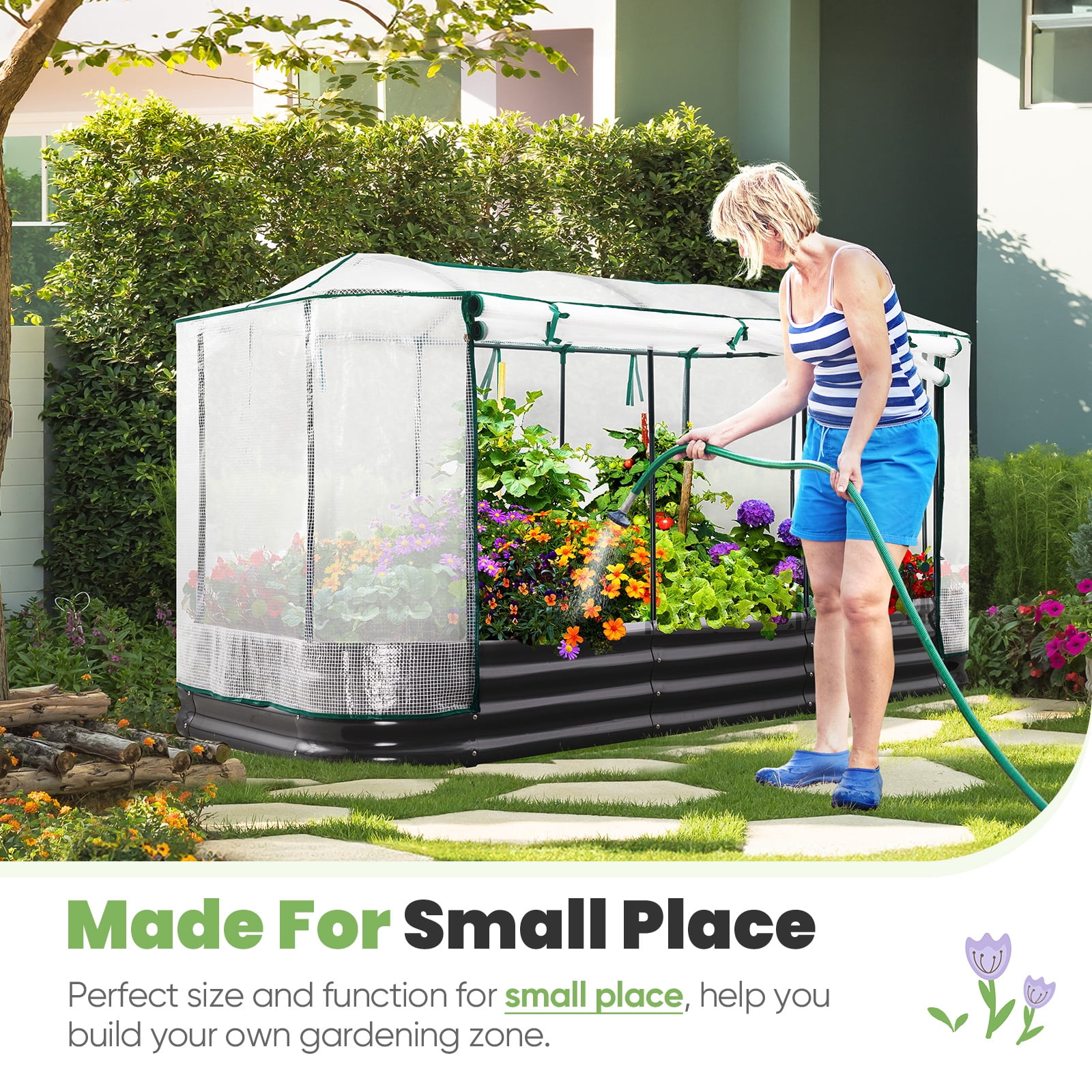 KING BIRD 8x4x1 ft Raised Garden Bed with Cover Galvanized Steel Metal Planter Garden Box Outdoor for Gardening, Vegetables, Flowers, White