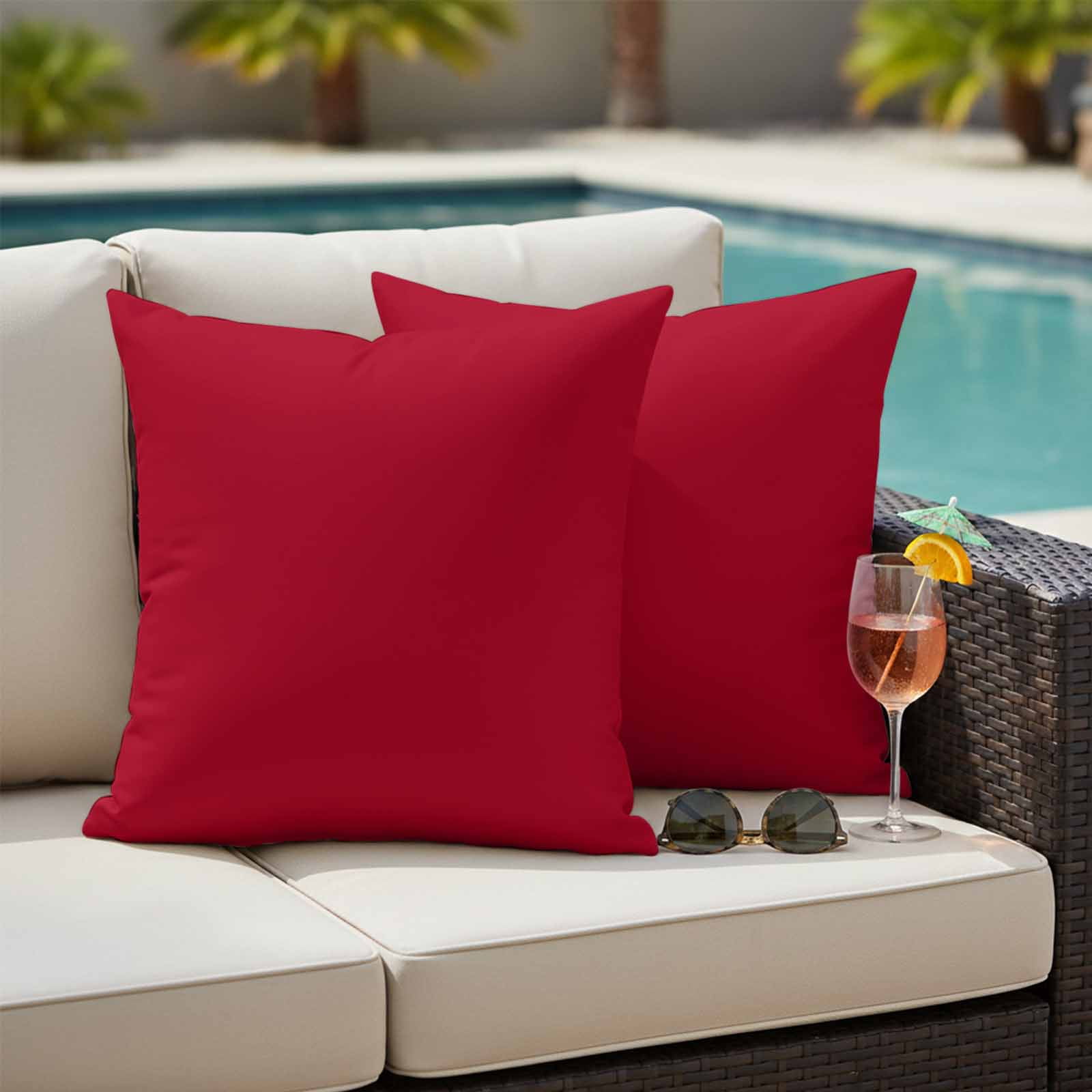 Outdoor Pillow Covers Red Pure Color Waterproof Pillow Cases 18x18 Set of 2, Watercolor Throw Pillow Cover Pillowcase for Patio Balcony Couch Garden