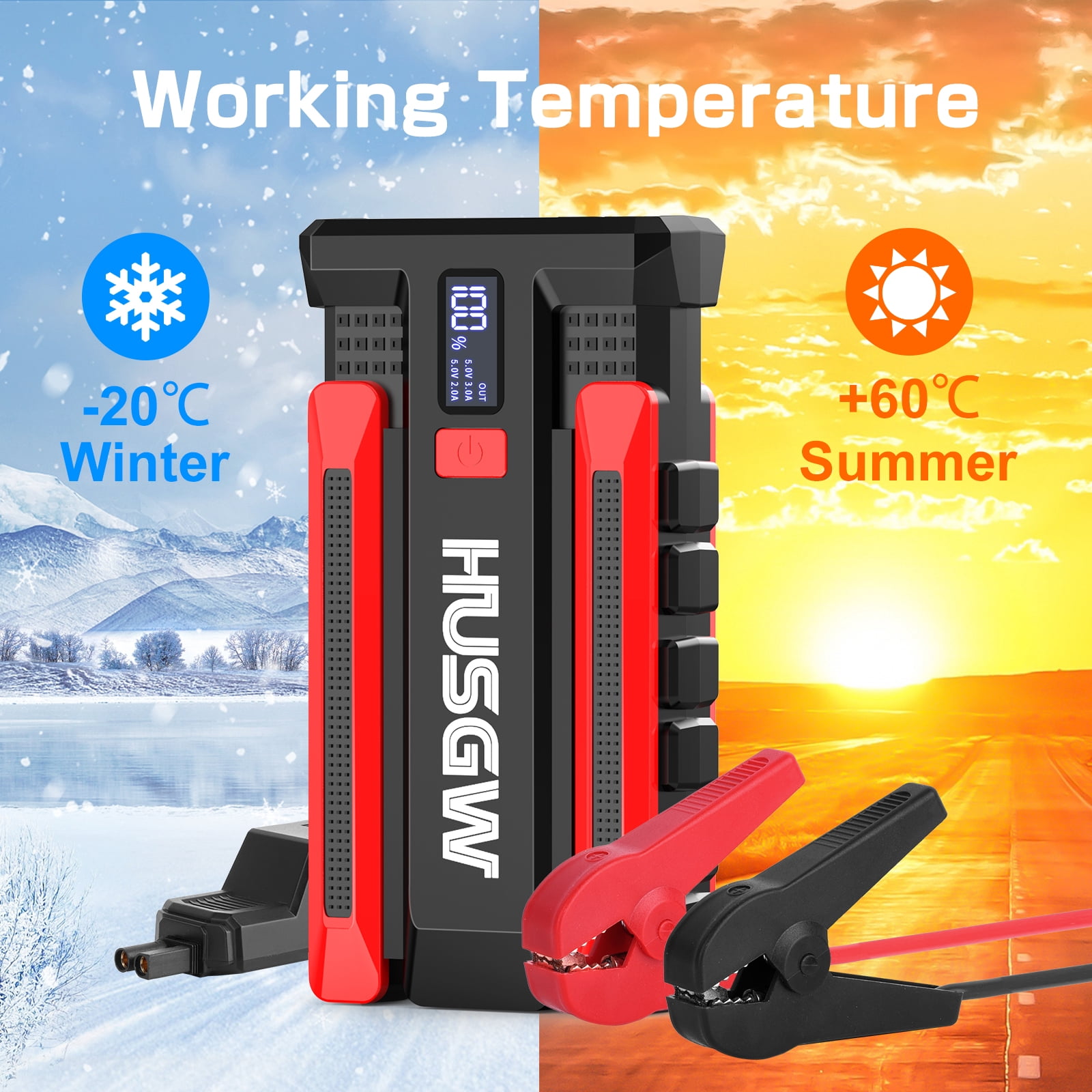 HUSGW 14000mAh 51.8Wh Car Jump Starter Powerful with USB Quick Charge and DC Output,2000A 3.7V  Portable Lithium Car Battery Starter Kit, Jump Start Power Pack and Booster Cable