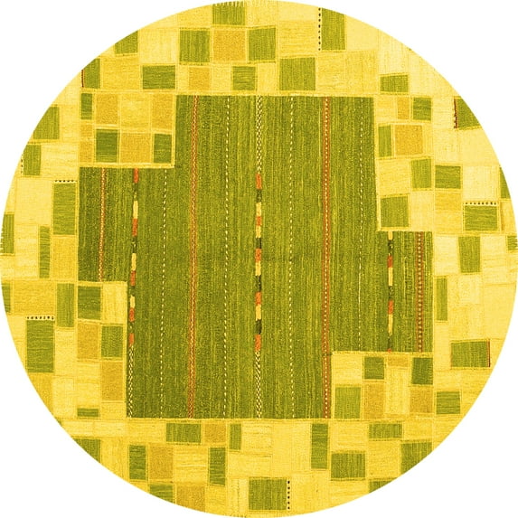 Ahgly Company Machine Washable Indoor Round Abstract Yellow Contemporary Area Rugs, 4' Round