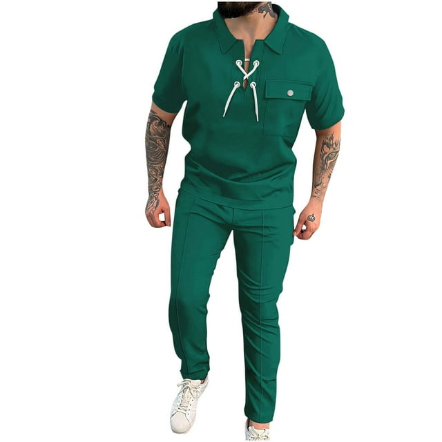 Conjunto Corto de Hombres 2 Piezas Trajes de Moda Color Sólido Manga Corta Turndown Collar Conjunto, Traje de Ocio con Cordón de Bolsillo