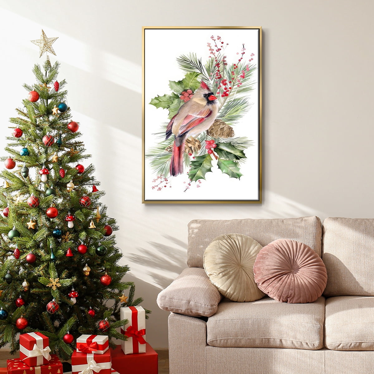 Cardinal Holly Christmas Collection B - Framed Gallery Wrapped Holiday Canvas - 17 x 25 - Gold Frame