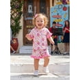 thumbnail image 4 of RUINIXCW Kids Toddler Baby Girls Silk Satin Back to School Pajamas Set Summer PJS Set Sleepwear Bow Pencil Printed Short Sleeve Button Down Shirt and Ruffle Shorts Set Homewear Loungewear 3-9 Years, 4 of 8