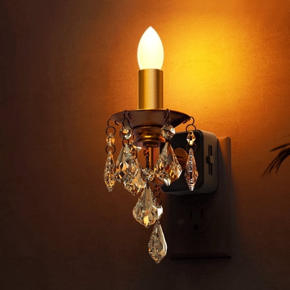 YANSUN Plug-in Warm White 1600K Black & Brass Amber Crystal Pendant Candle Night Light