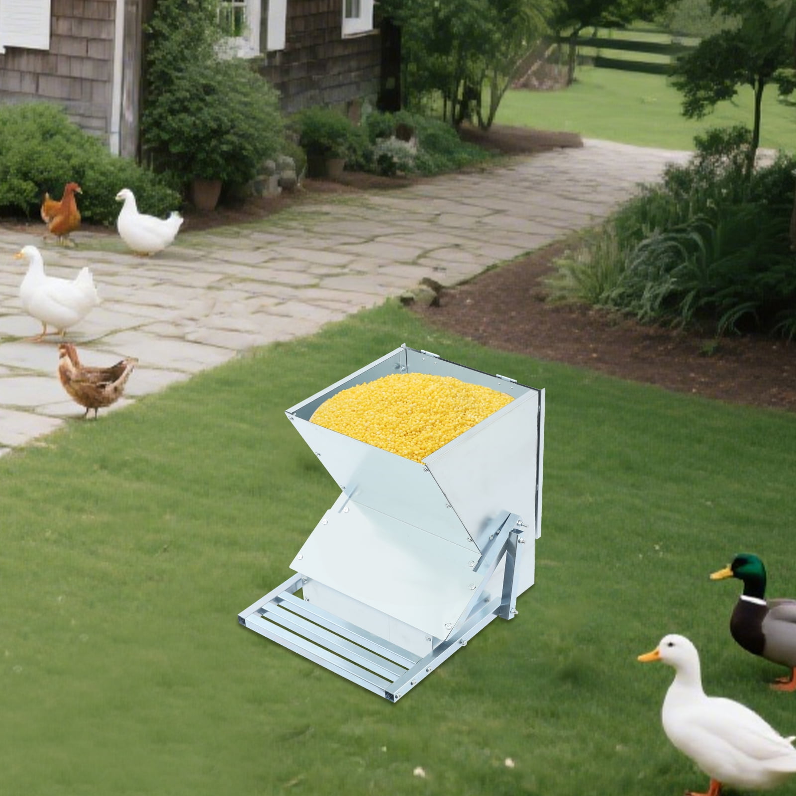 Silver Galvanized Steel 38.6*30.7*40.8cm Metal Pedal Feeder Automatic Feed Bucket Chicken Feeder